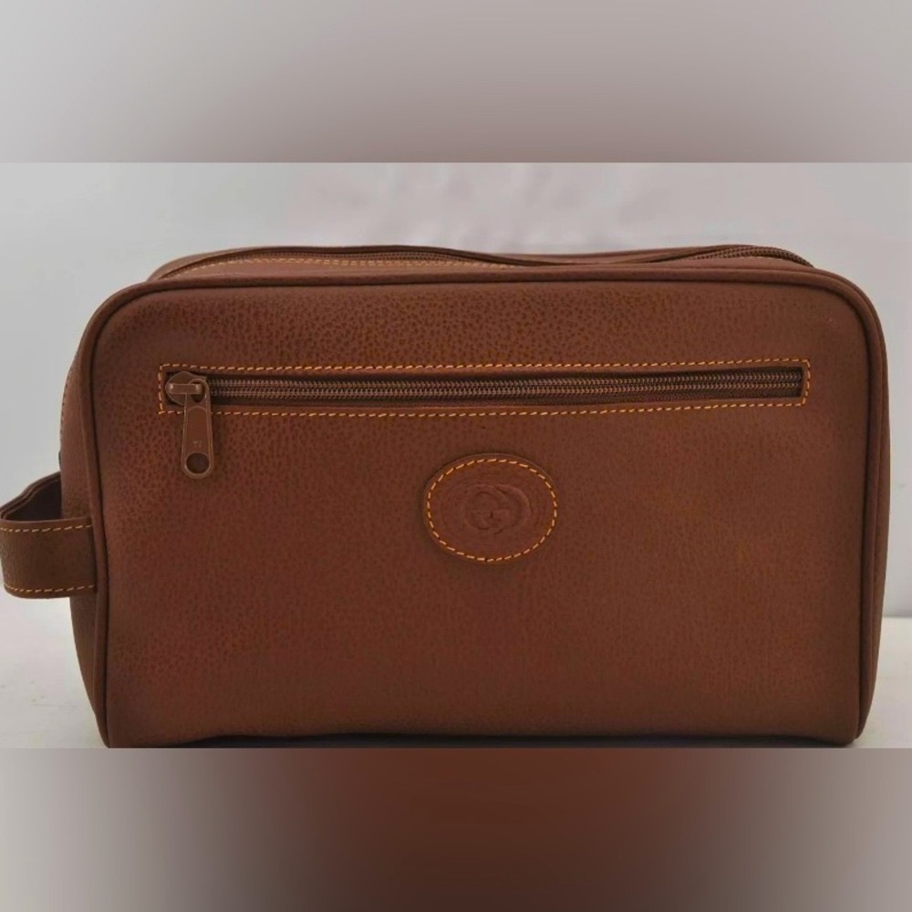 Gucci Brown Calf Leather Dopp Overnight Cosmetic Toiletry Bag Double Zip Unisex